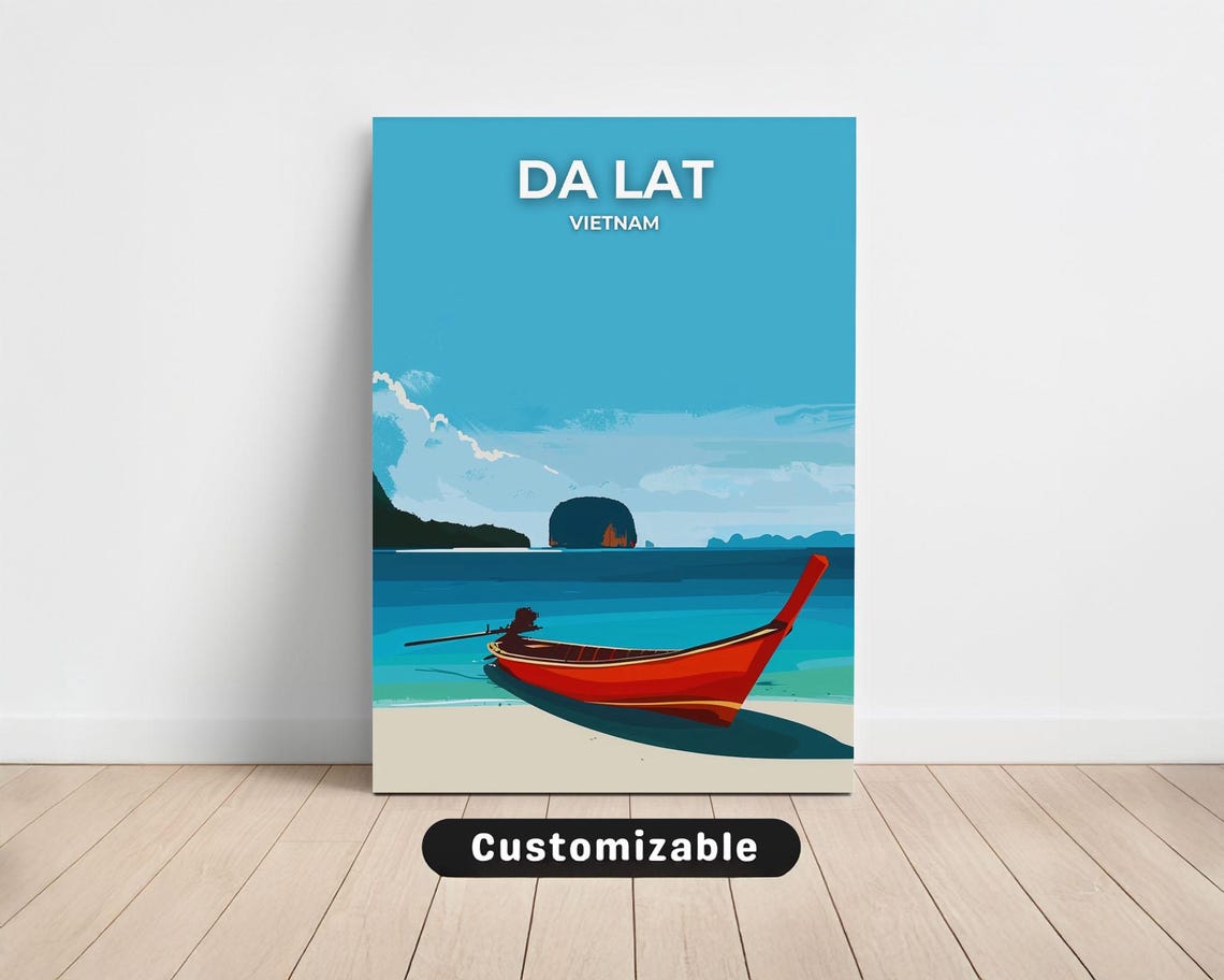 Da Lat Vietnam Red Longtail Boat Turquoise Beach Scene Poster