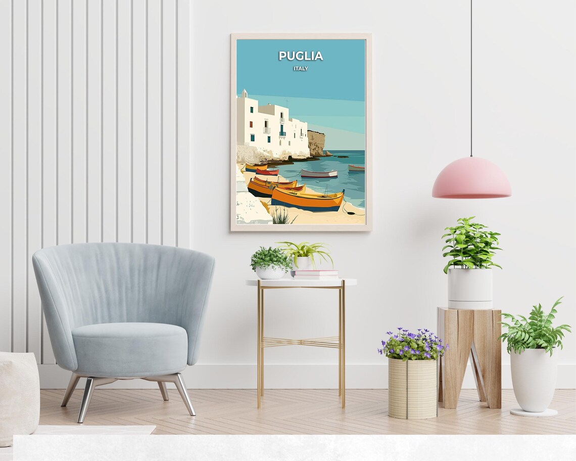 Puglia Italy Whitewashed Cliff Fishing Boats Vintage Travel Poster - Image 2