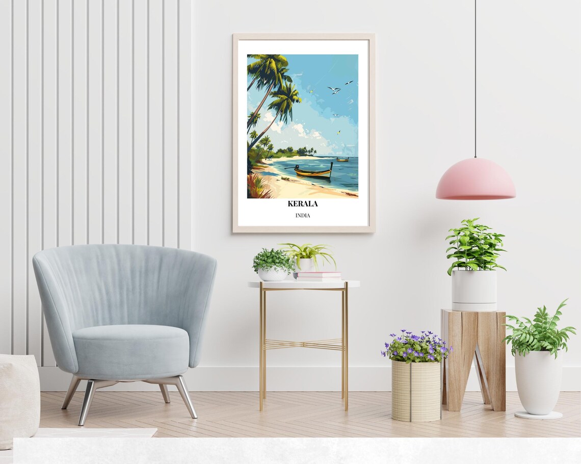 Kerala India Palm Beach Wooden Boats Turquoise Water Travel Poster - Image 2