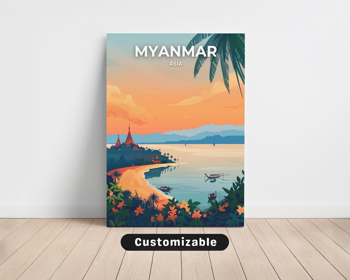 Myanmar Asia Sunset Coast Golden Temples Custom Travel Poster