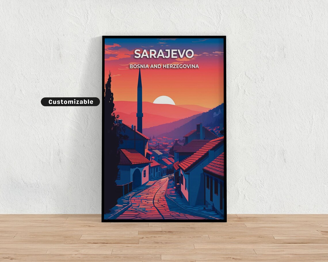Sarajevo Bosnia and Herzegovina Sunset Minaret Travel Poster