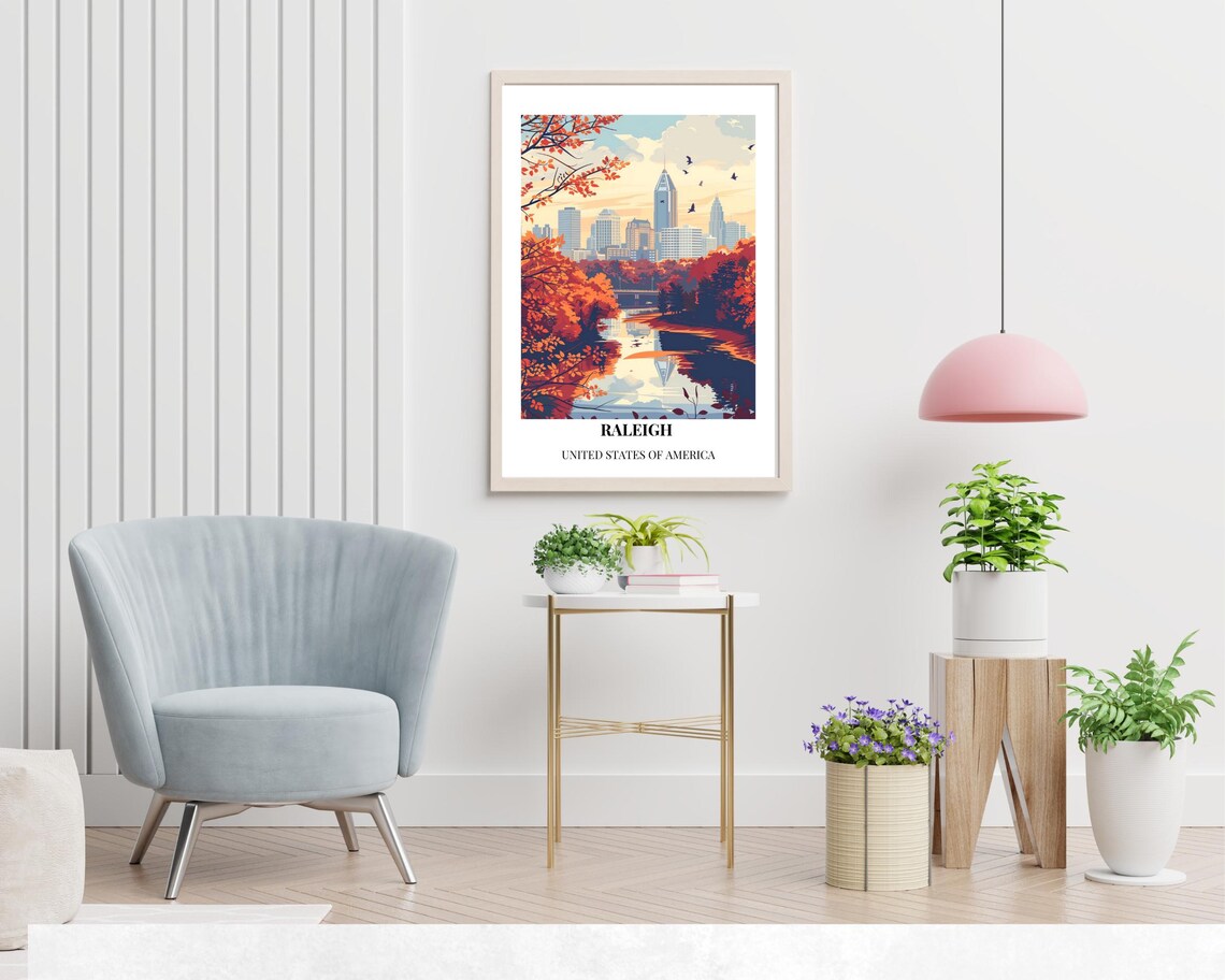 Raleigh North Carolina Autumn Skyline River Vintage Travel Poster - Image 2