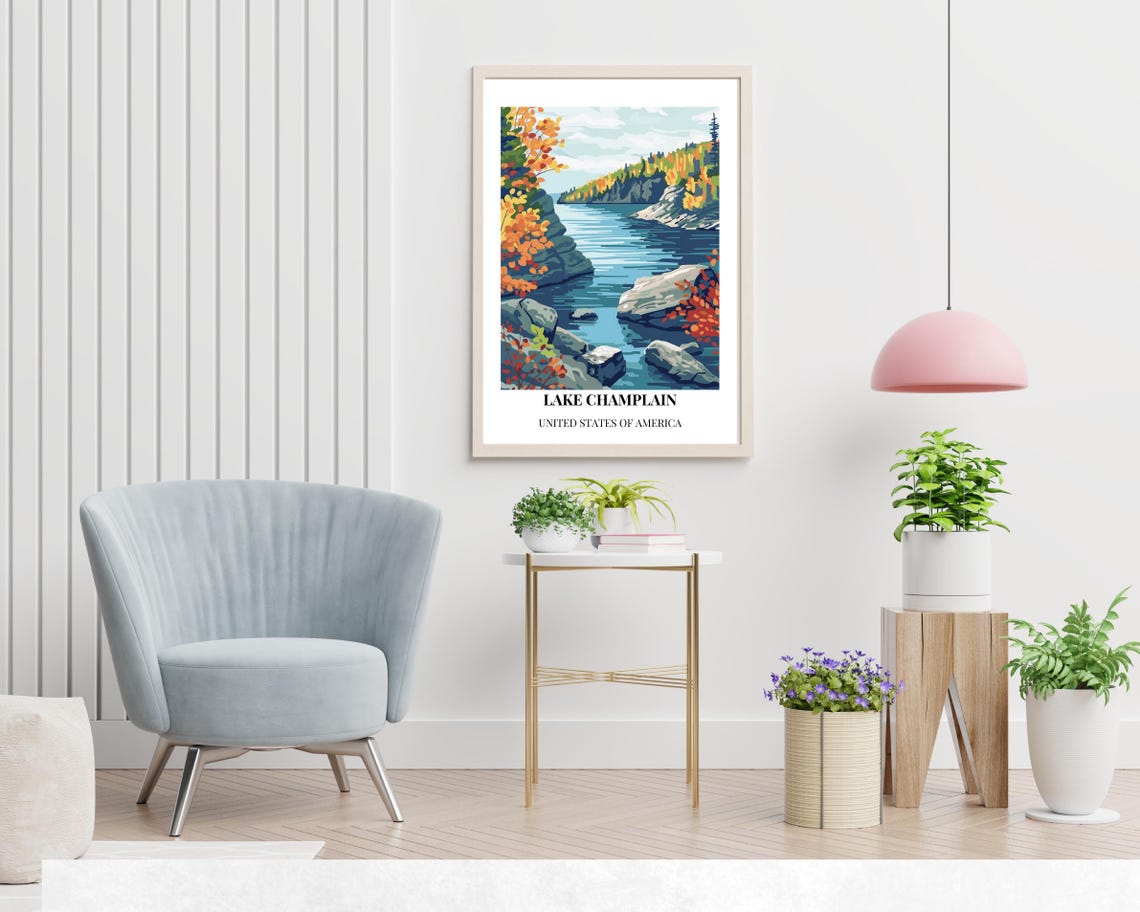 Lake Champlain Rocky Shore Autumn Forest Vintage-Style Travel Poster - Image 2