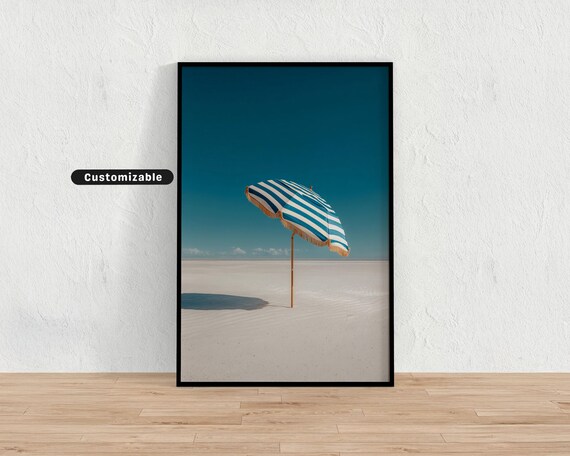 Striped Beach Umbrella Minimalist Coastal Photography Wall Art