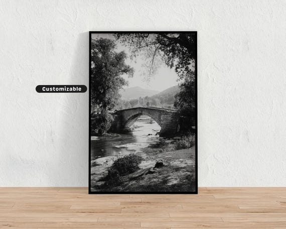 Black And White Landscape With A Stone Bridge Distant Hills Neutral Wall Art Print Minimalist Modern Decor