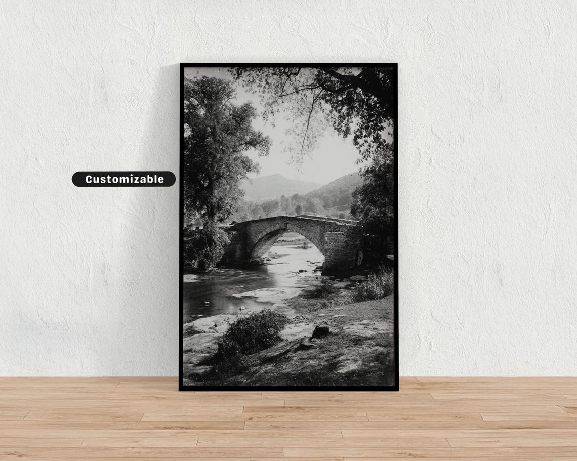 Old Stone Bridge Black And White Vintage River Photo Wall Art