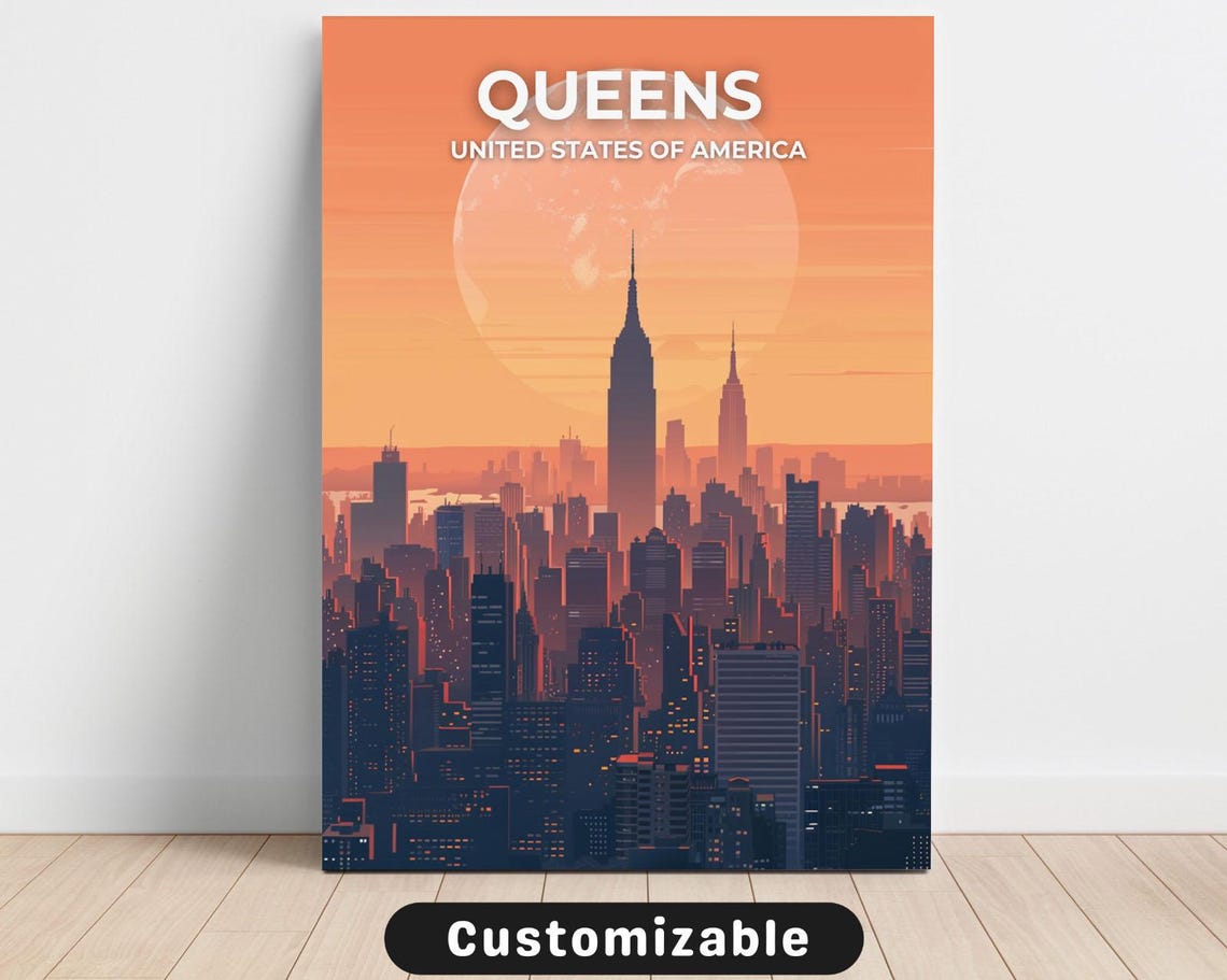 Queens New York City Sunset Skyline Retro Vintage Travel Poster