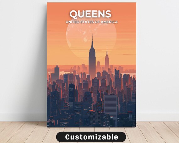 Queens New York City Sunset Skyline Retro Vintage Travel Poster