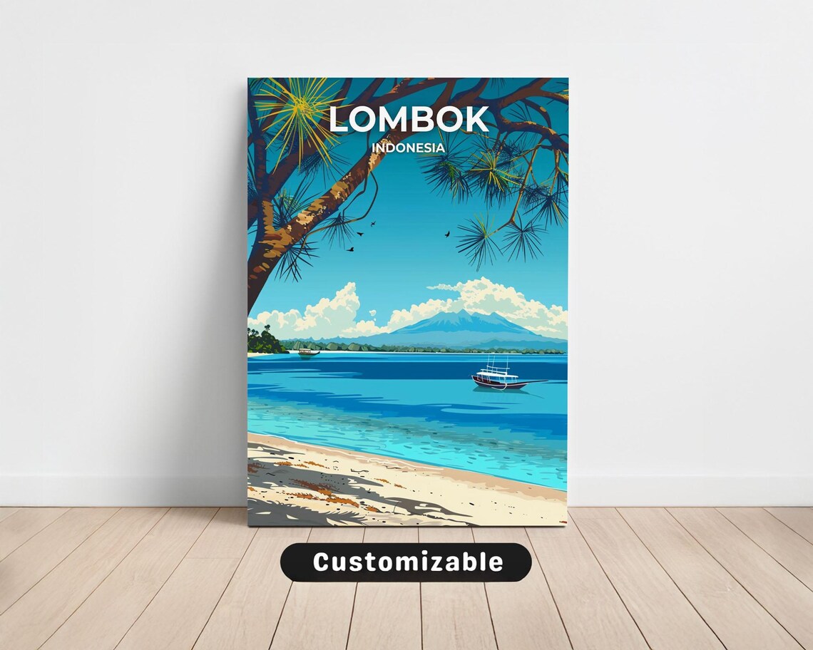 Lombok Indonesia Beach Turquoise Water Volcano Travel Poster