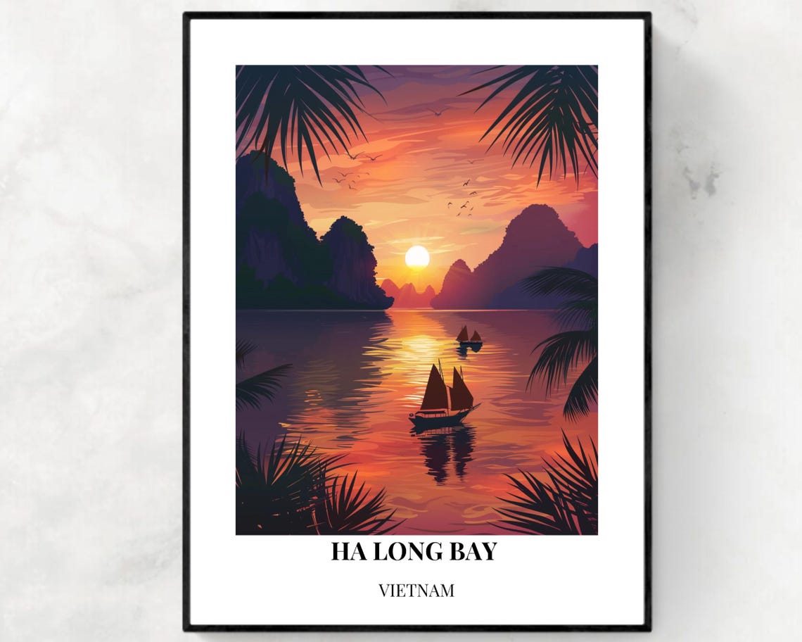 Ha Long Bay Vietnam Sunset Junk Boats Karst Peaks Travel Poster