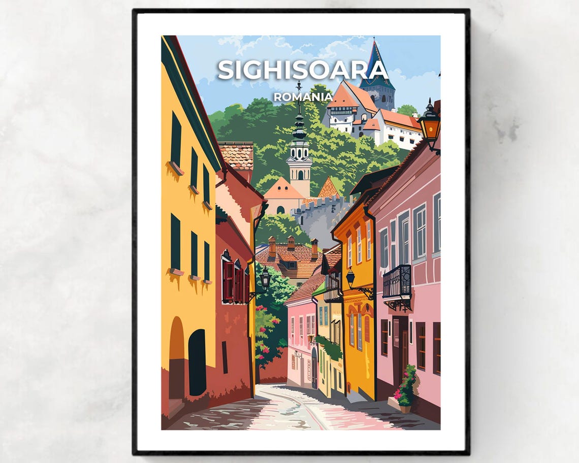 Sighisoara Romania Medieval Street Hilltop Clock Tower Poster