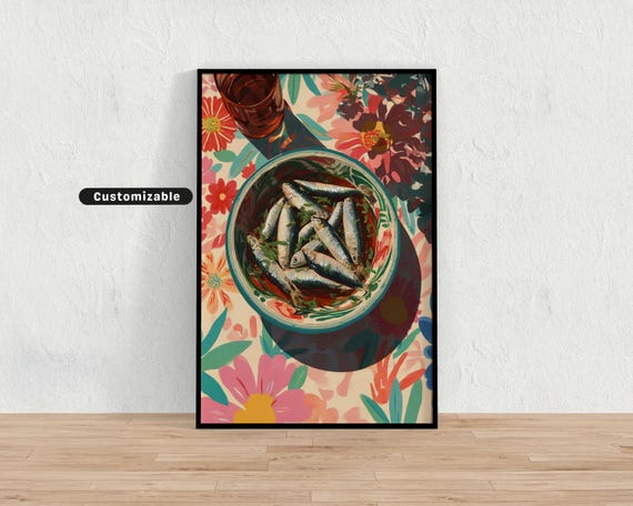 Bowl Of Sardines On A Picnic Cloth With Floral Details Mediterranean Colorful Wall Art Tropical Illustration Print Modern Boho Home De