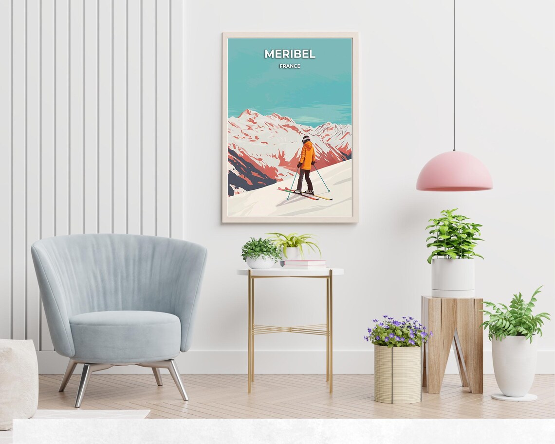 Meribel France Coral Tinted Peaks Skier Wide Slope View Poster - Image 2