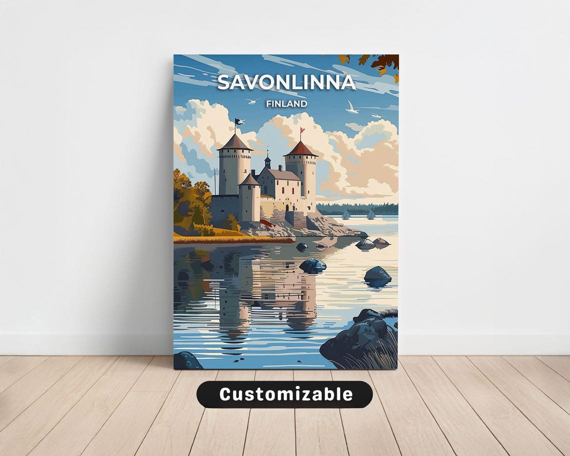 Savonlinna Finland Lakeside Castle Bay Clouds Travel Art Poster