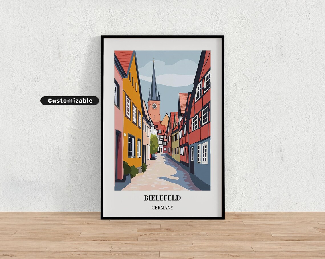 Bielefeld Germany Old Town Street Church Spire Modern Travel Poster