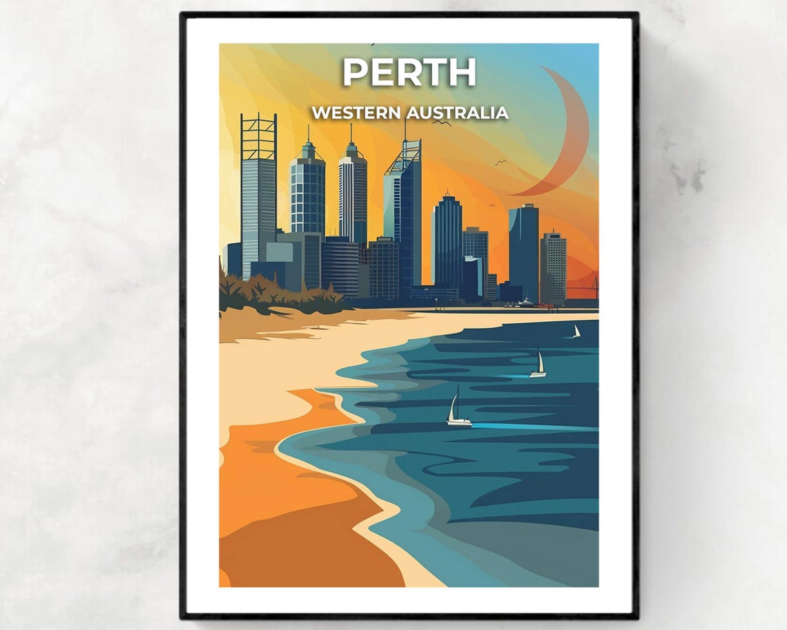 Perth Western Australia Sunset Skyline Harbor View Travel Poster