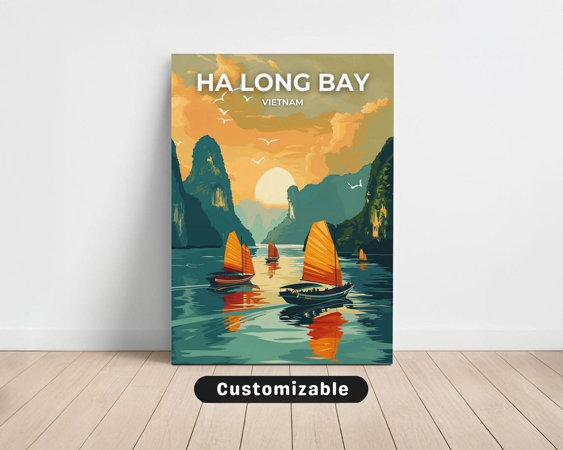 Ha Long Bay Vietnam Sunset Junk Boats Karst Cliffs Travel Poster