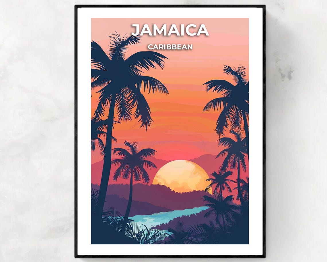 Jamaica Caribbean Palm Tree Silhouettes At Sunset Travel Poster