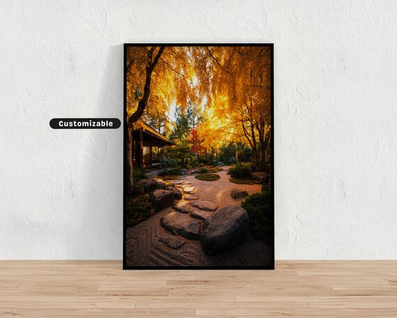 Golden Autumn Zen Garden Poster Japanese Maple Trees Stone Path Landscape