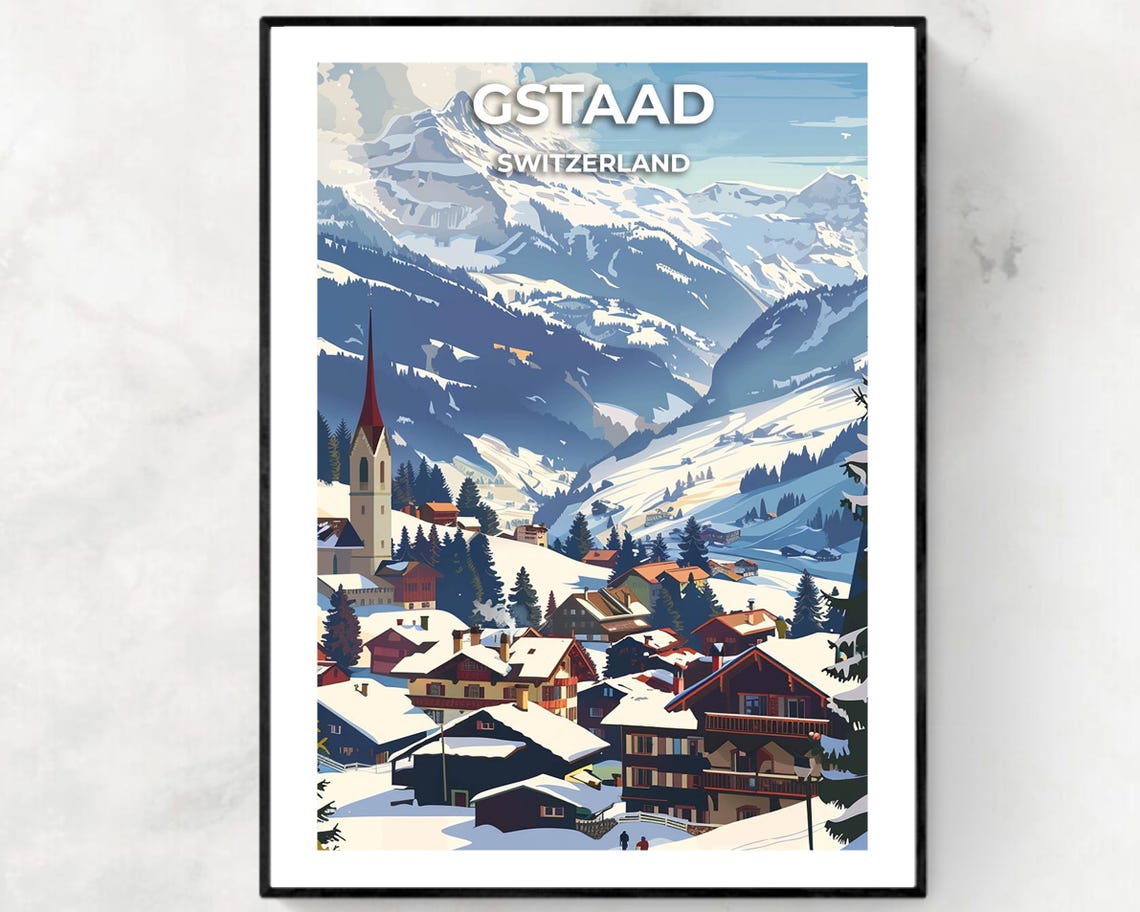 Gstaad Switzerland Alpine Ski Resort Snowy Village Travel Poster