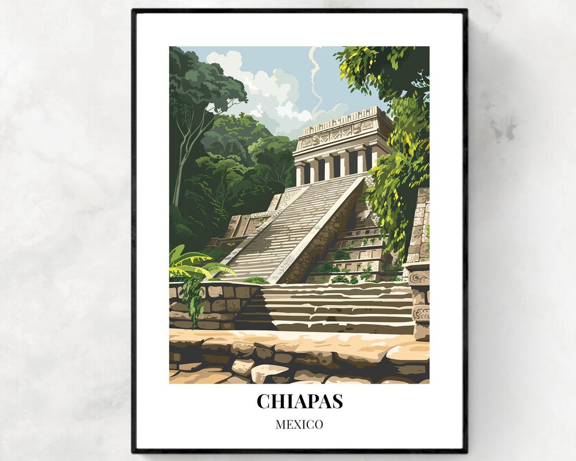 Chiapas Mexico Poster with Palenque Temple Grand Stone Staircase