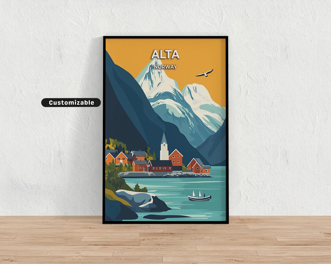 Alta Norway Snowcapped Mountain Fjord Village Customizable Poster