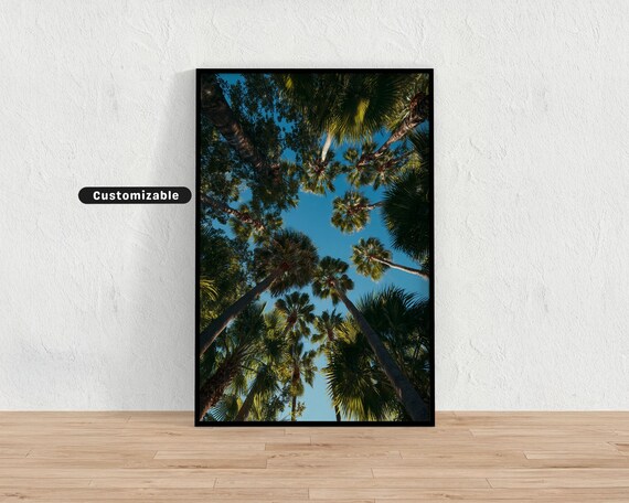 Looking Up at Palm Trees Against Blue Sky Tropical Photo Wall Art