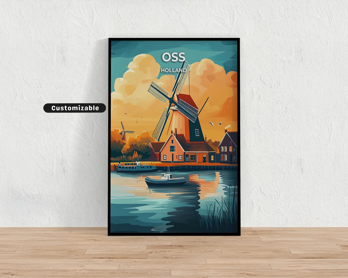 Oss Holland Sunset Windmill Water Reflection Vintage Travel Poster