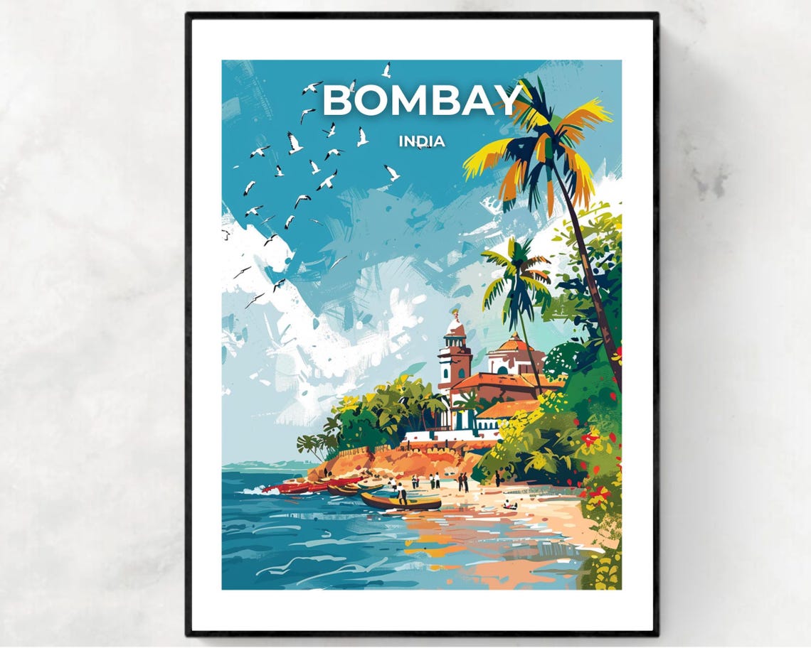 Bombay India Coastal Church Seagulls And Boats Harbor Travel Poster