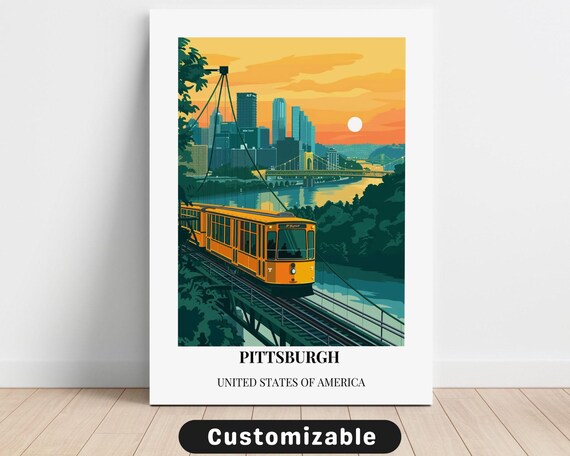 Pittsburgh Incline Trolley Sunset Cityscape Vintage Travel Poster
