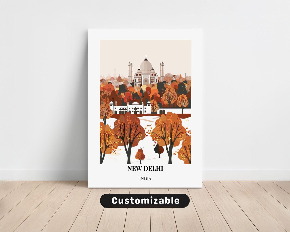New Delhi India Autumn Trees White Dome Vintage Travel Art Poster