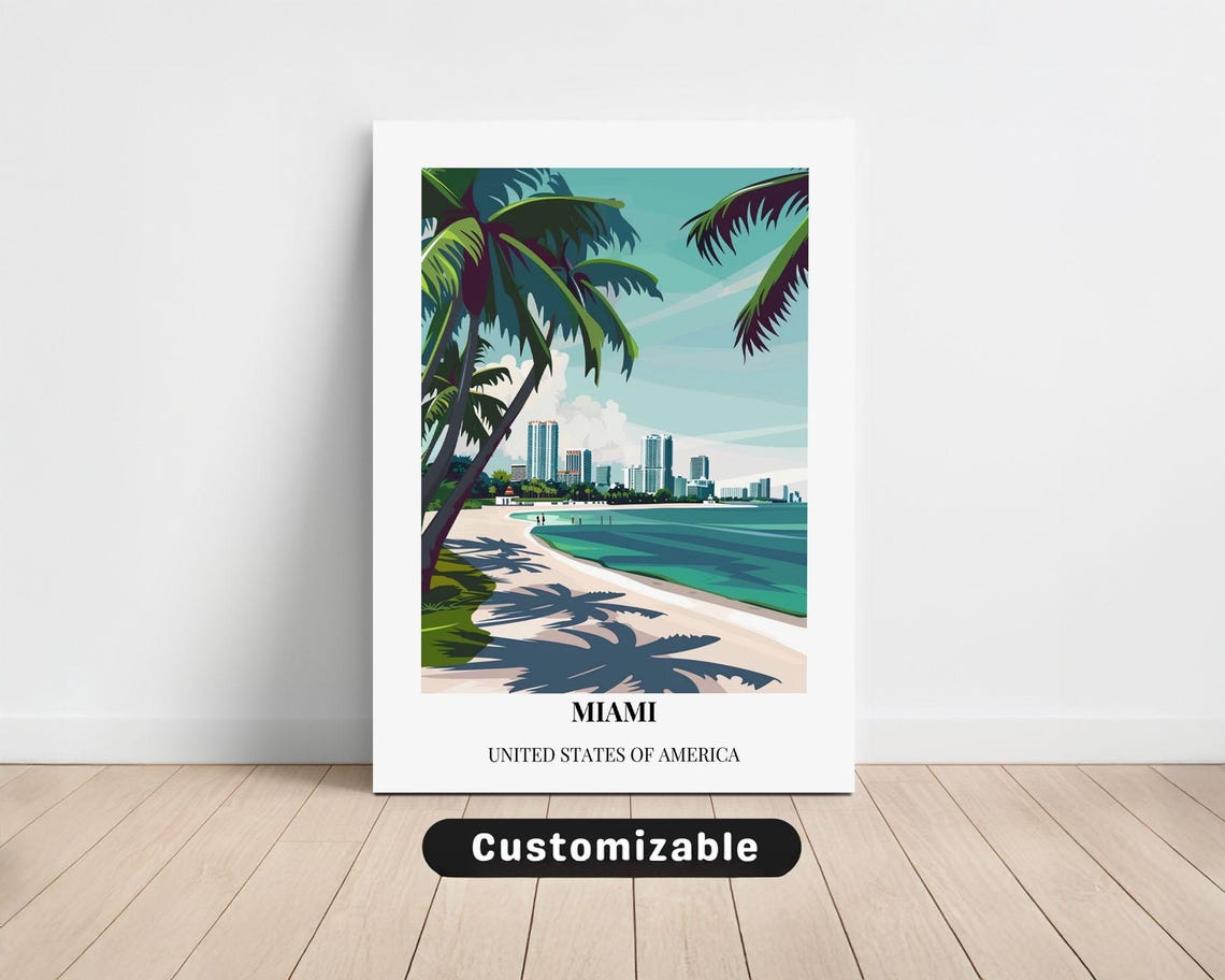 Miami Sunny Tropical Beach Skyline Palms Ocean View Travel Poster