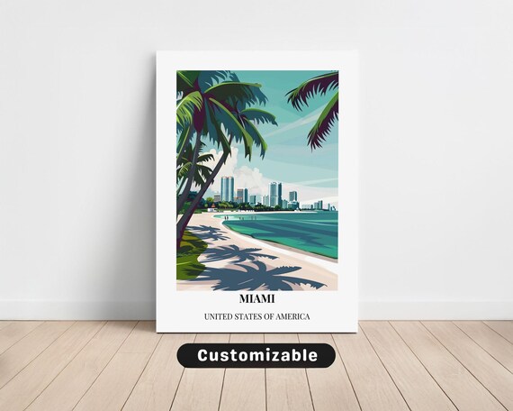 Miami Sunny Tropical Beach Skyline Palms Ocean View Travel Poster