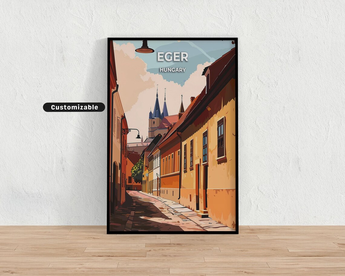 Eger Hungary Old Street and Church Towers Vintage Travel Poster
