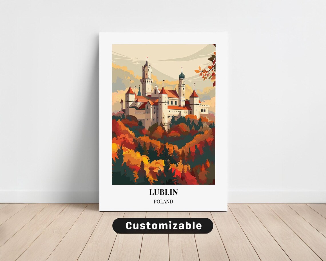 Lublin Poland Hilltop Castle Autumn Forest Vintage Travel Poster