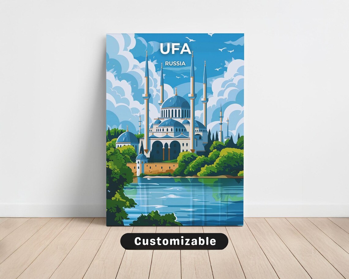 Ufa Russia Blue Domed Mosque River Vintage Travel Art Poster