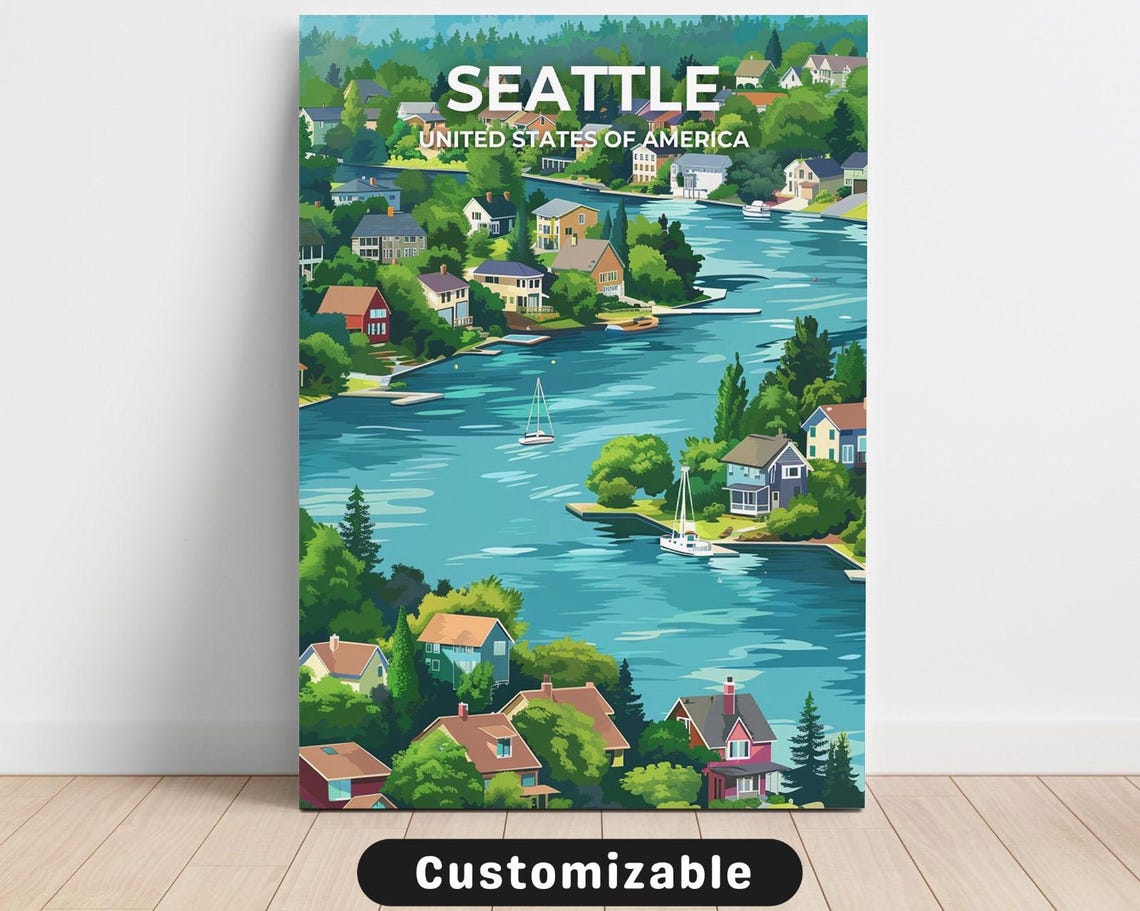 Seattle Travel Poster with Lakefront Houses Sailboats and Pines