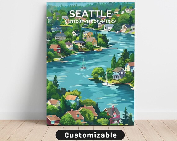 Seattle Travel Poster with Lakefront Houses Sailboats and Pines