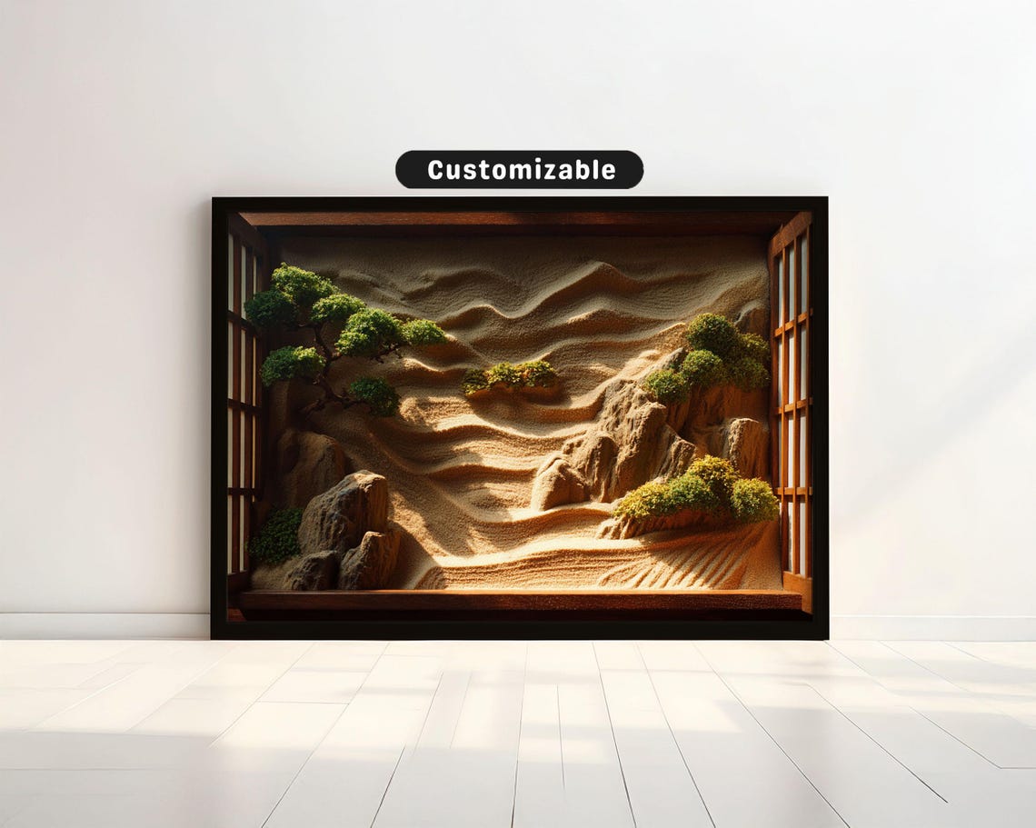 Zen Sand Garden Seen From Paper Screen Window Japanese Wall Art Print Asian Decor