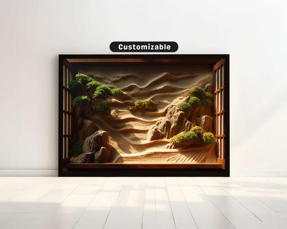 Zen Sand Garden Seen From Paper Screen Window Japanese Wall Art Print Asian Decor