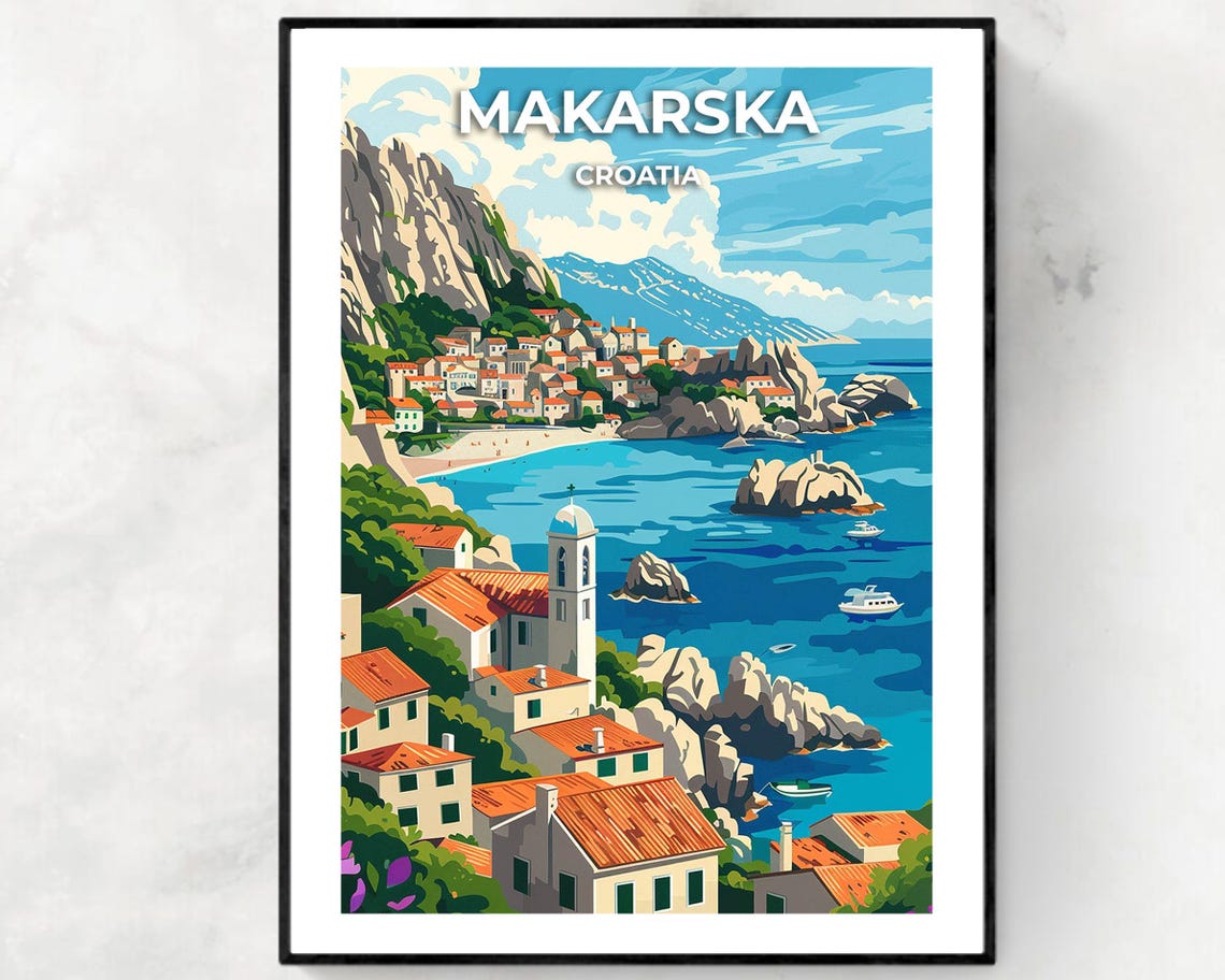 Makarska Croatia Aerial Coastal Town Red Roofs Harbor View Poster