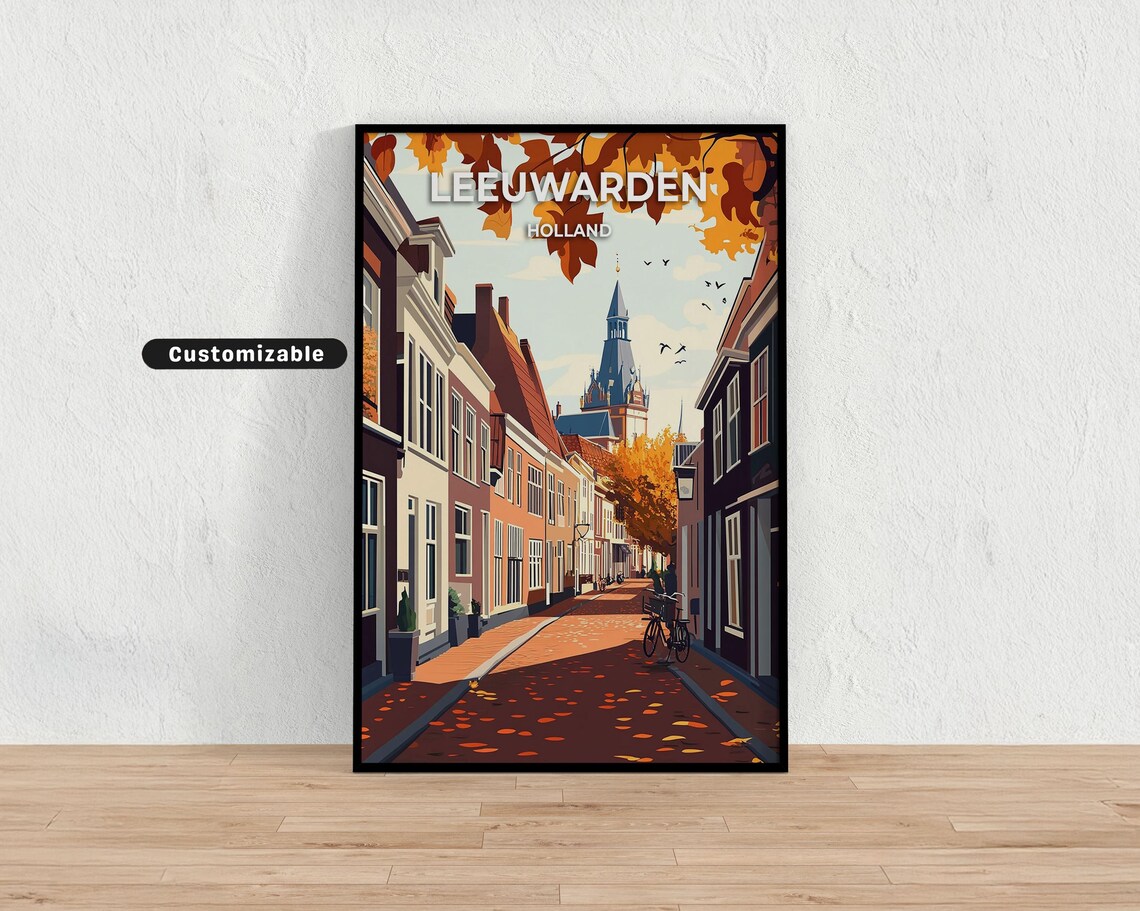 Leeuwarden Holland Autumn Street Cyclist Gabled Houses Travel Poster