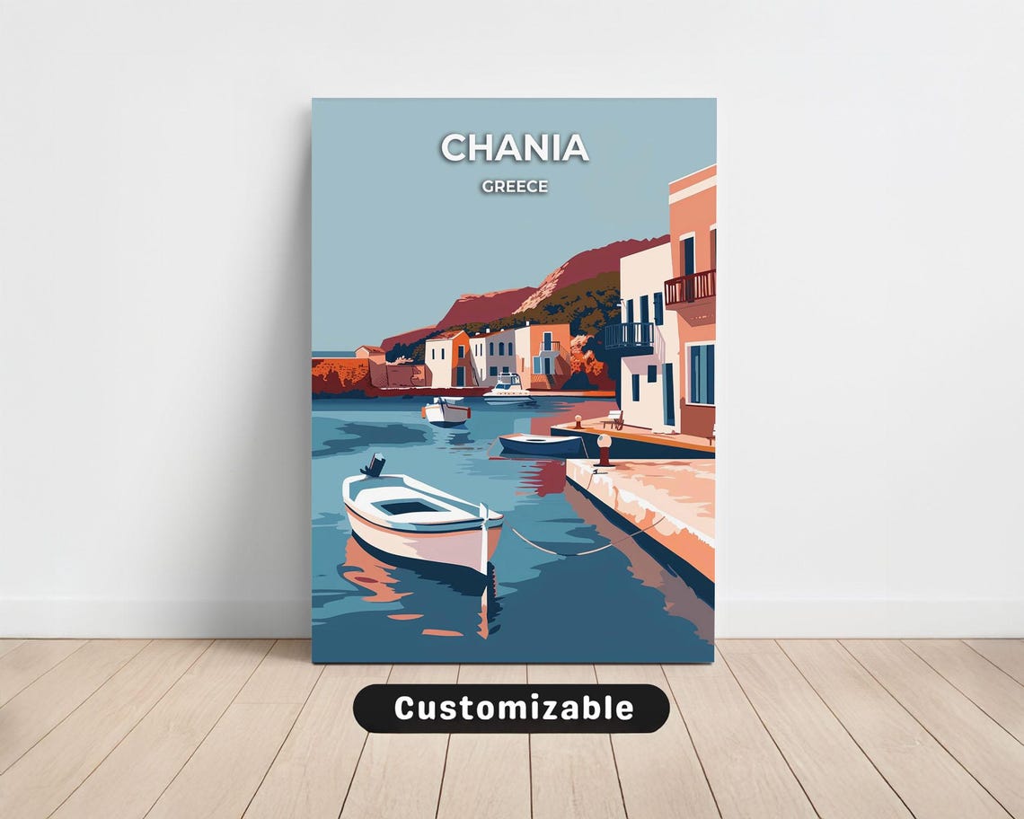 Chania Greece Harbor Boats Waterfront Sunset Vintage Travel Poster