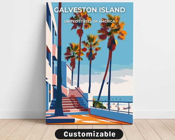 Galveston Island USA Beach Palm Trees Custom Travel Poster Art