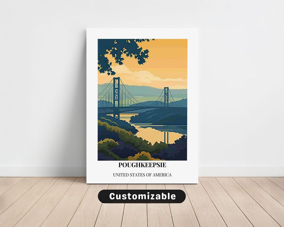 Poughkeepsie Hudson River Bridge Retro Sunset Travel Scene Poster