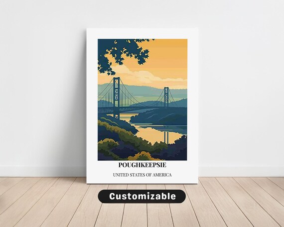 Poughkeepsie Hudson River Bridge Retro Sunset Travel Scene Poster