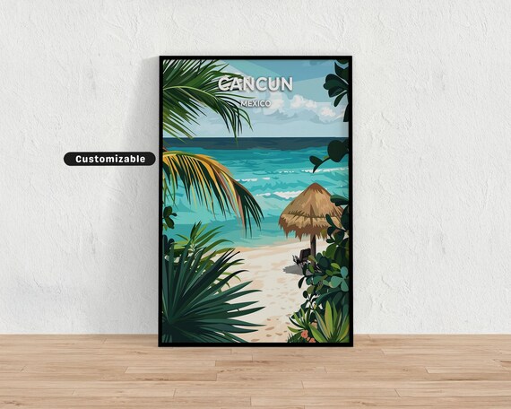 Cancun Mexico Sandy Beach Thatched Umbrella Vintage Travel Poster