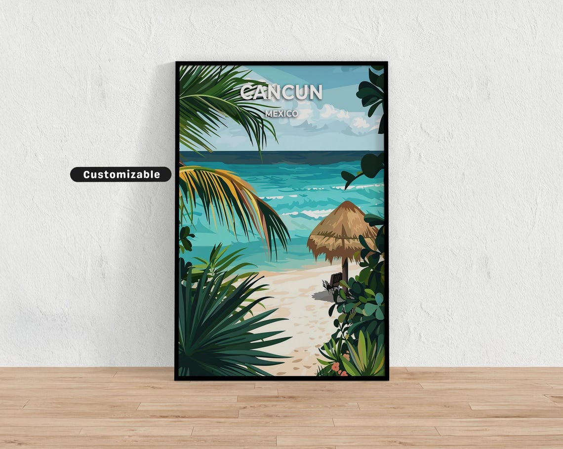 Cancun Mexico Sandy Beach Thatched Umbrella Vintage Travel Poster