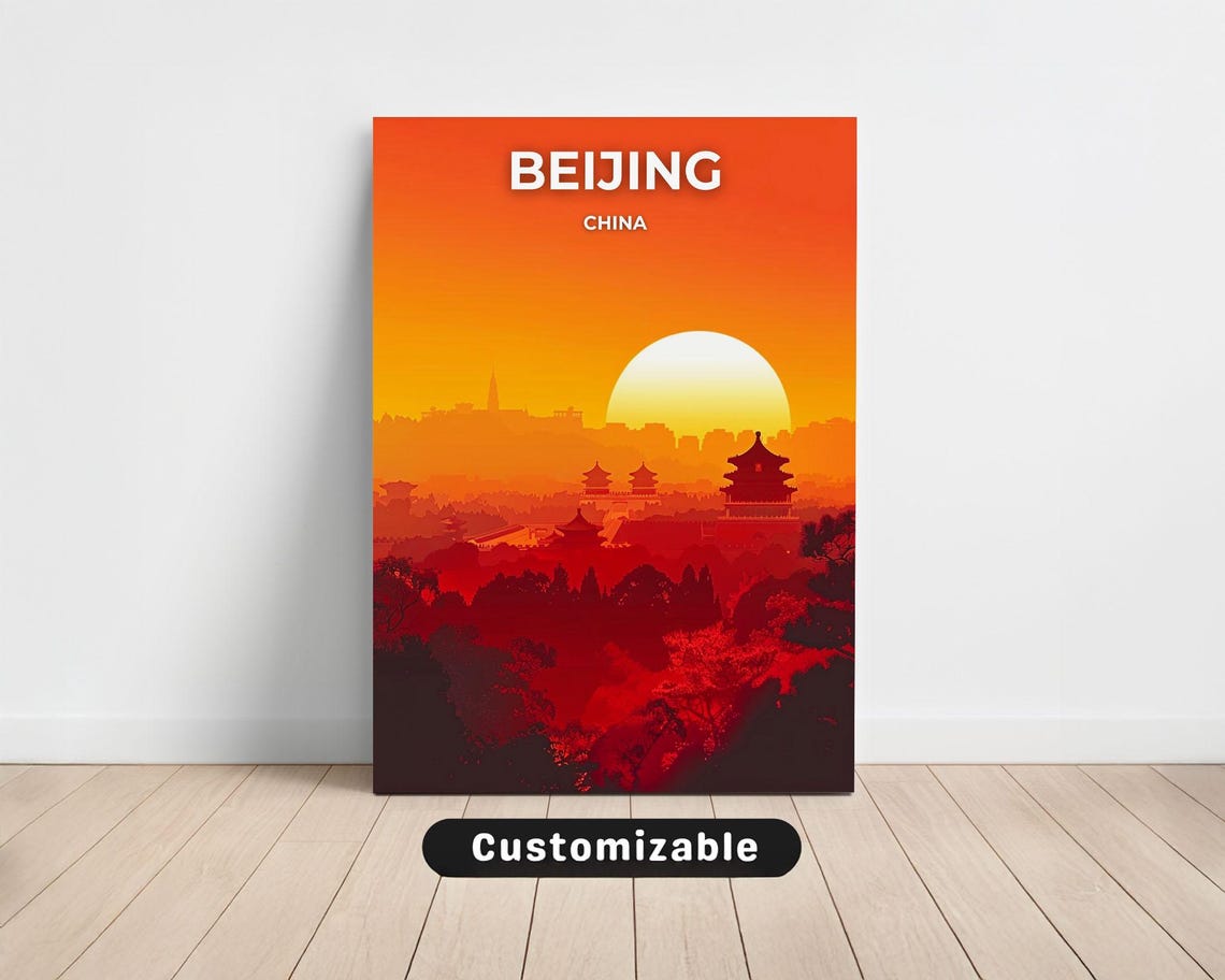 Beijing China Sunset Skyline With Pagoda Silhouettes Travel Poster
