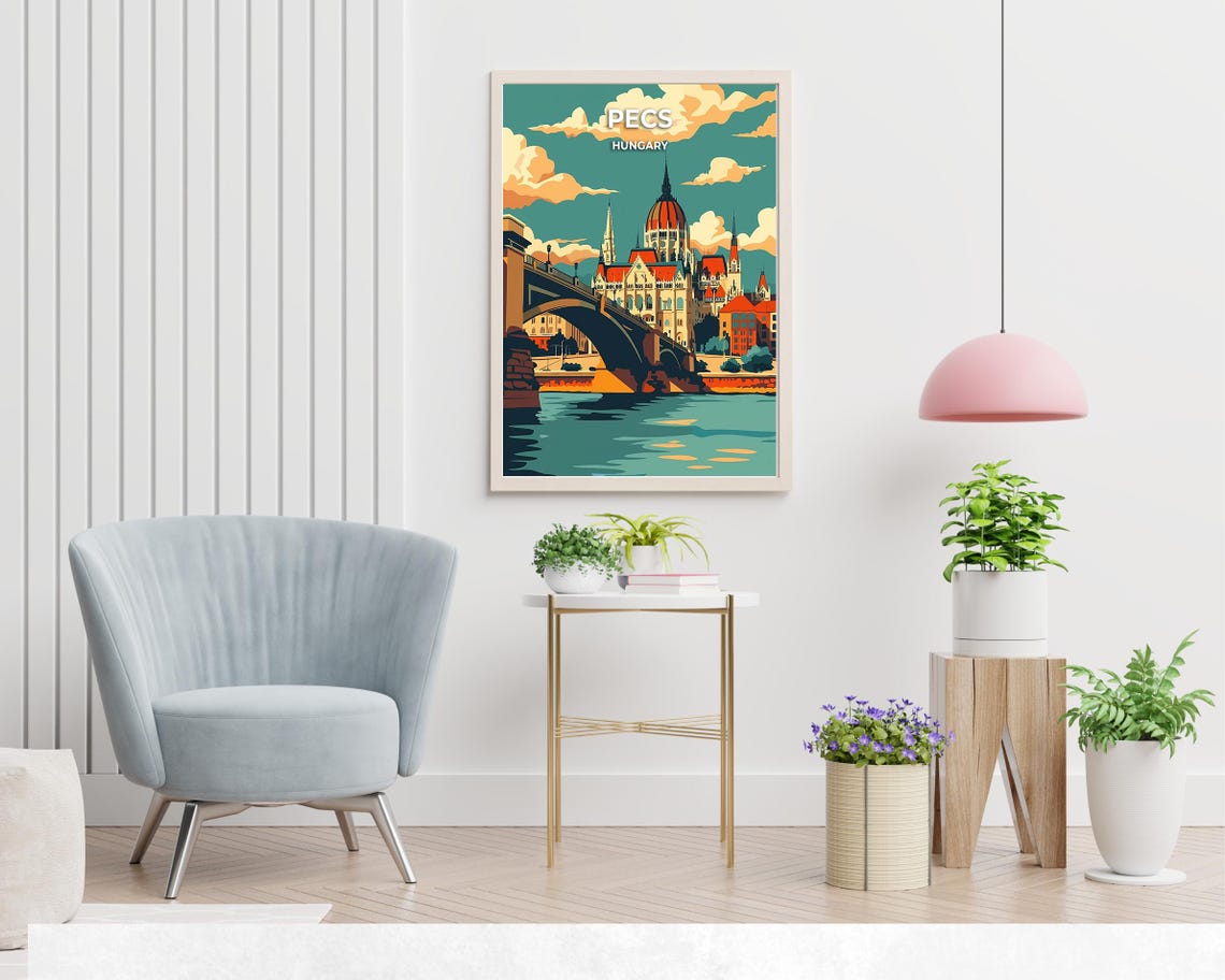 Pecs Hungary Riverside Domed Parliament Bridge Vintage Travel Poster - Image 2